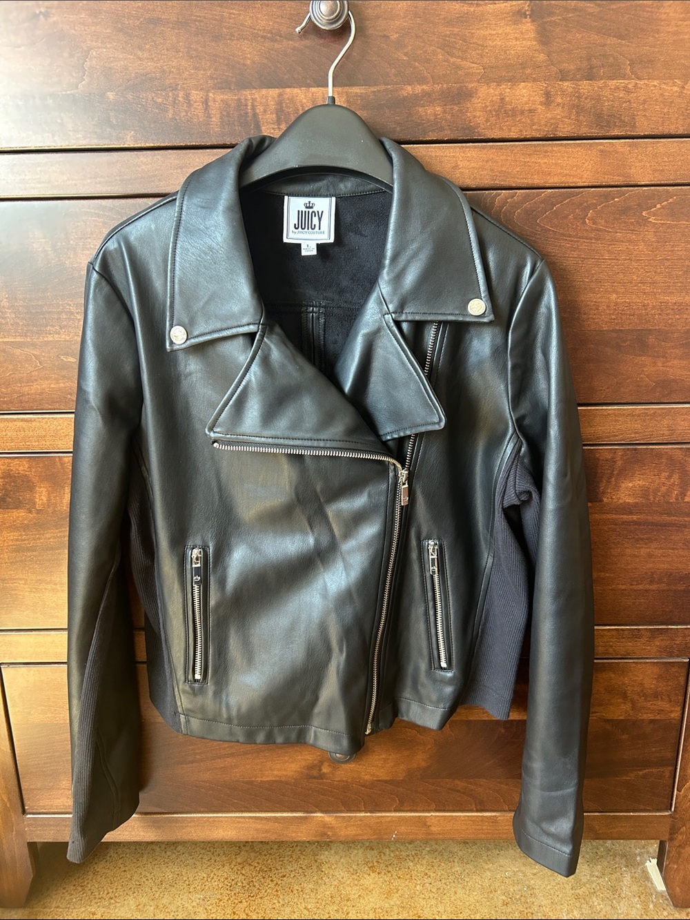 Juicy Couture Black Faux Leather Moto Jacket with Silver Zippers